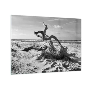 Impression sur verre - Image sur verre - Un paysage en noir et blanc avec une branche tombée sur une plage en bord de mer. - 70x50cm - Sculpture marine - Décoration murale moderne pour le salon et la chambre ARTTOR