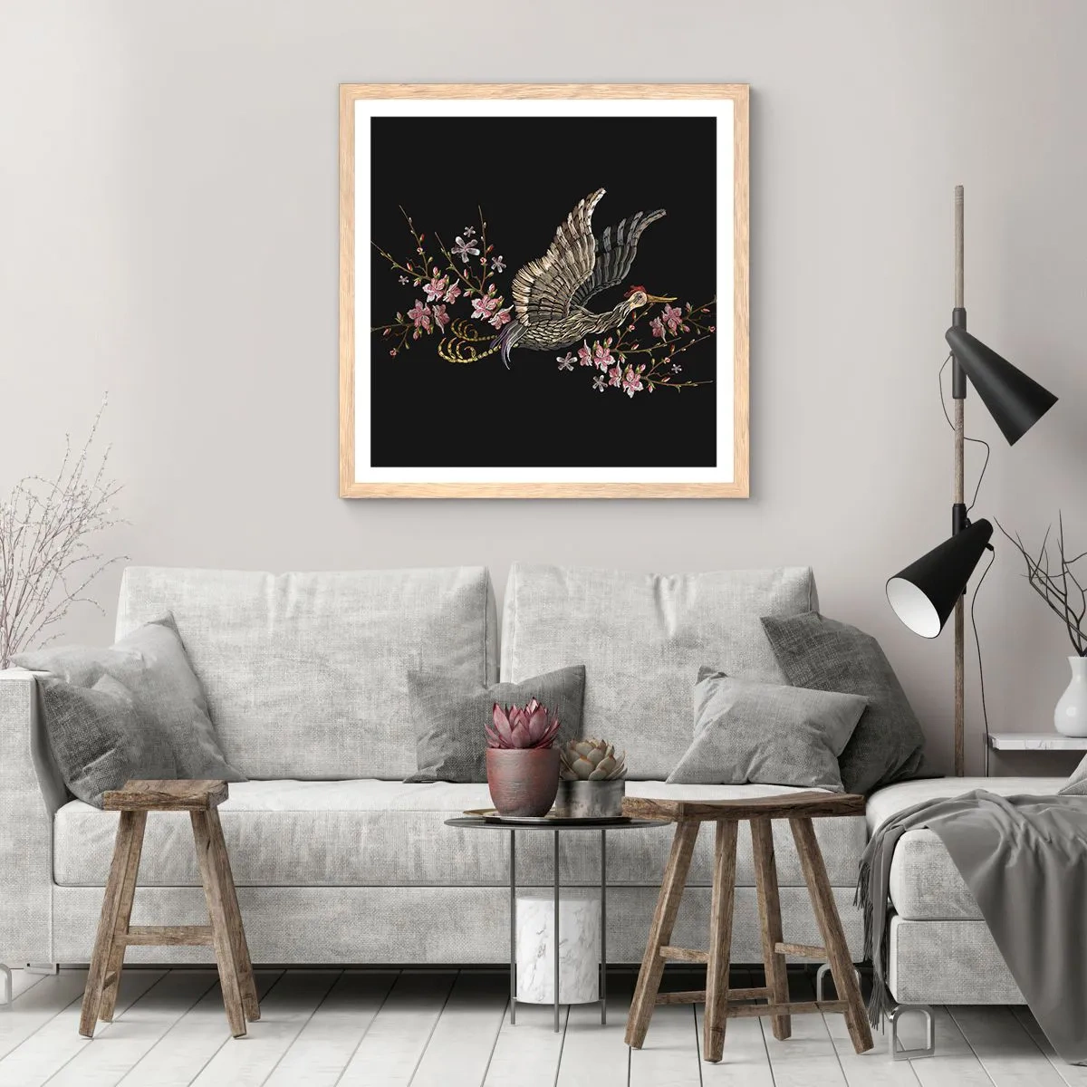 Affiche dans un chêne clair - Poster - Oiseau brodé exotique - 60x60 cm