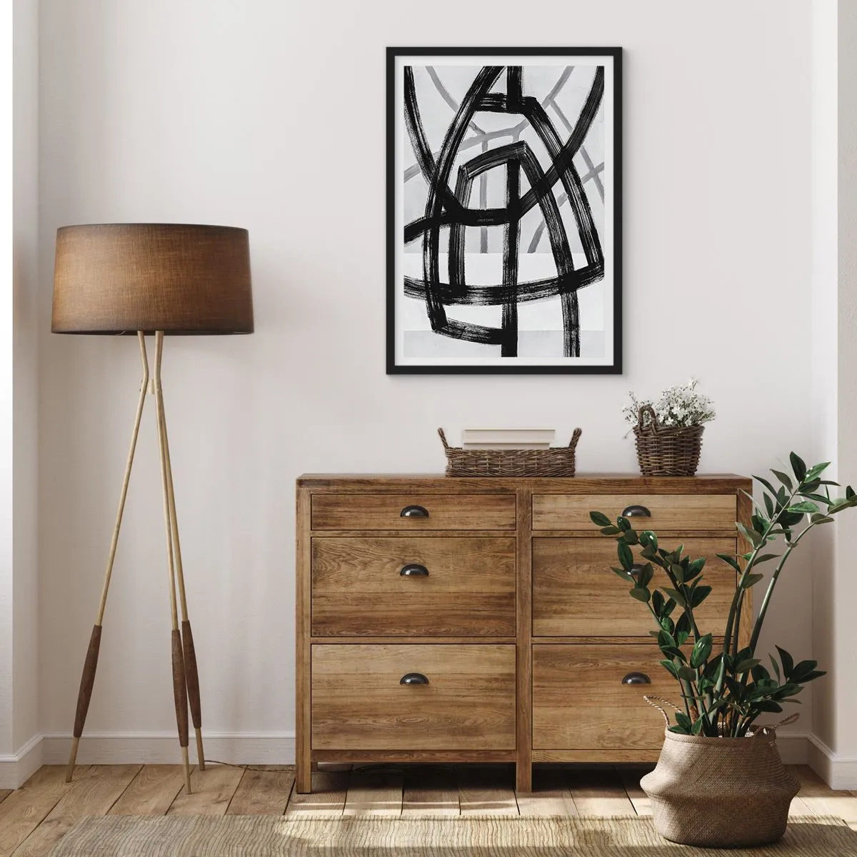 Affiche dans un cadre noir - Poster - Lignes géométriques noires sur fond clair dans une composition abstraite - 50x70cm - Profondeur du bâtiment - Décoration murale moderne pour le salon et la chambre ARTTOR