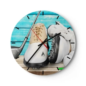 Horloge murale - Pendule murale - Chaussures de golf, club de golf et balles sur fond de bois bleu - 30x30cm - Tout est prêt - Décoration murale moderne pour le salon, la cuisine et la chambre ARTTOR