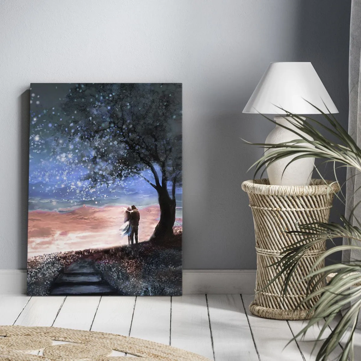 Impression sur toile - Image sur toile - Scène de couple romantique sous la pleine lune - 50x70cm - Spectacle étoilé - Décoration murale moderne pour le salon et la chambre ARTTOR