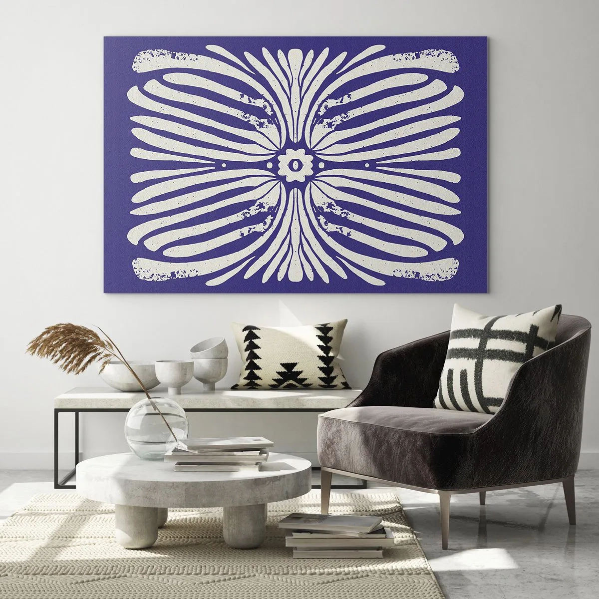 Impression sur verre - Image sur verre - Motif ethnique symétrique sur fond violet - 70x50cm - Inspirations ethniques - Décoration murale moderne pour le salon et la chambre ARTTOR