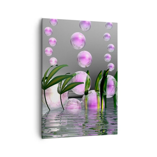 Impression sur toile - Image sur toile - Feuilles vertes et bulles roses au-dessus de l'eau sur fond gris - 50x70cm - Une composition réfléchissante de légèreté et de vie - Décoration murale moderne pour le salon et la chambre ARTTOR