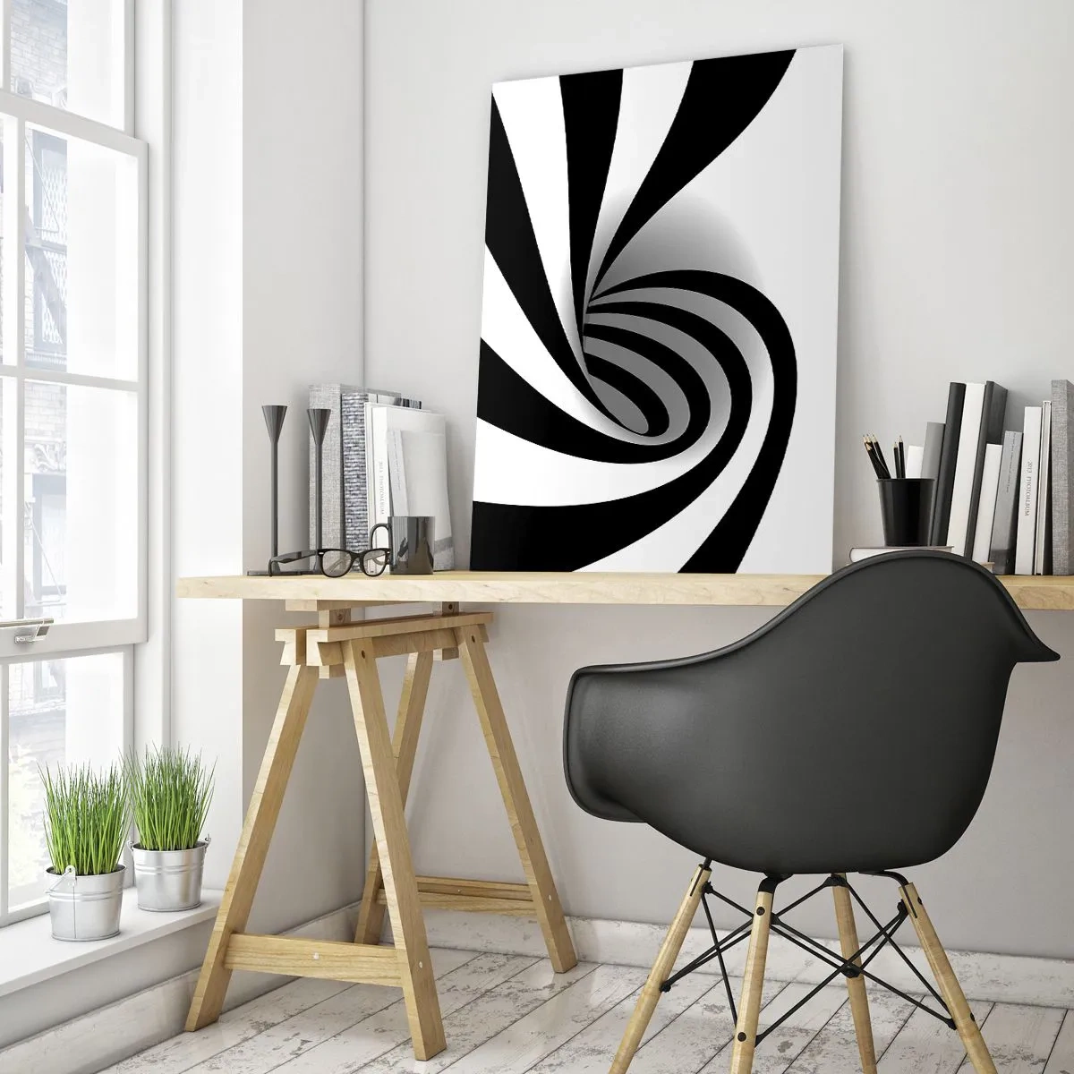 Impression sur verre - Image sur verre - Spirale abstraite en noir et blanc avec une forme dynamique - 50x70cm - Et pourtant ça tourne - Décoration murale moderne pour le salon et la chambre ARTTOR