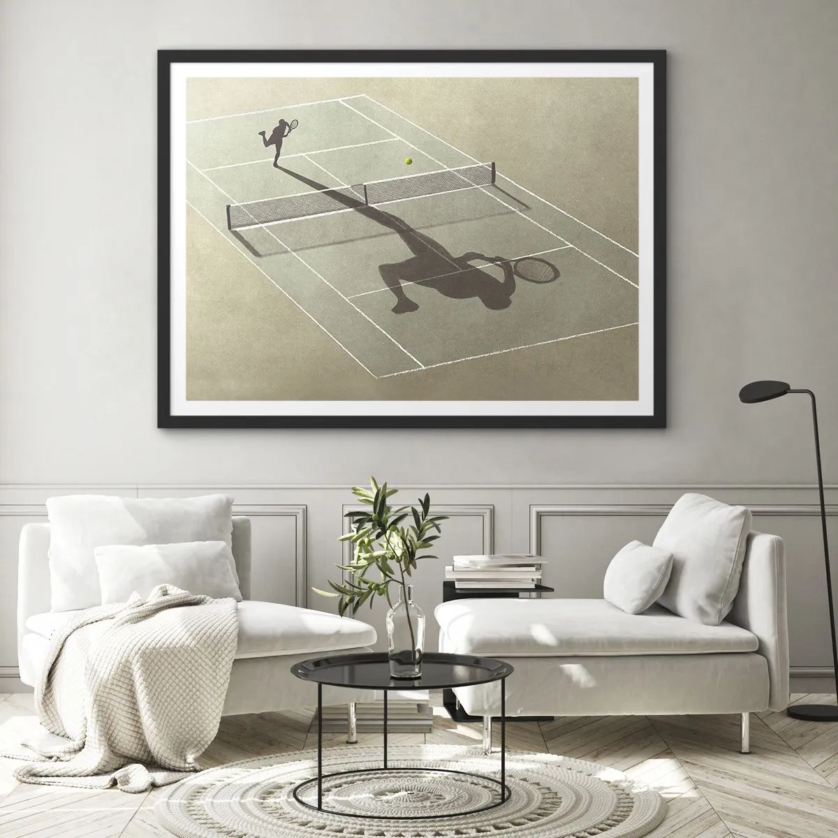 Affiche dans un cadre noir - Poster - L'ombre d'un joueur de tennis sur le court pendant un match de tennis - 100x70cm - Dépassement de soi - Décoration murale moderne pour le salon et la chambre ARTTOR