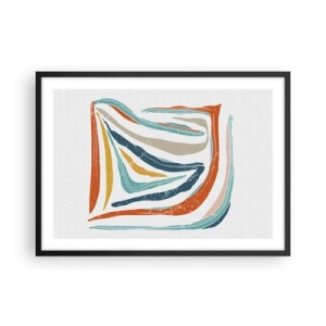 Affiche dans un cadre noir - Poster - Lignes colorées et dynamiques dans les tons de bleu, orange et beige - 70x50cm - Abstraction avec un sourire amical - Décoration murale moderne pour le salon et la chambre ARTTOR