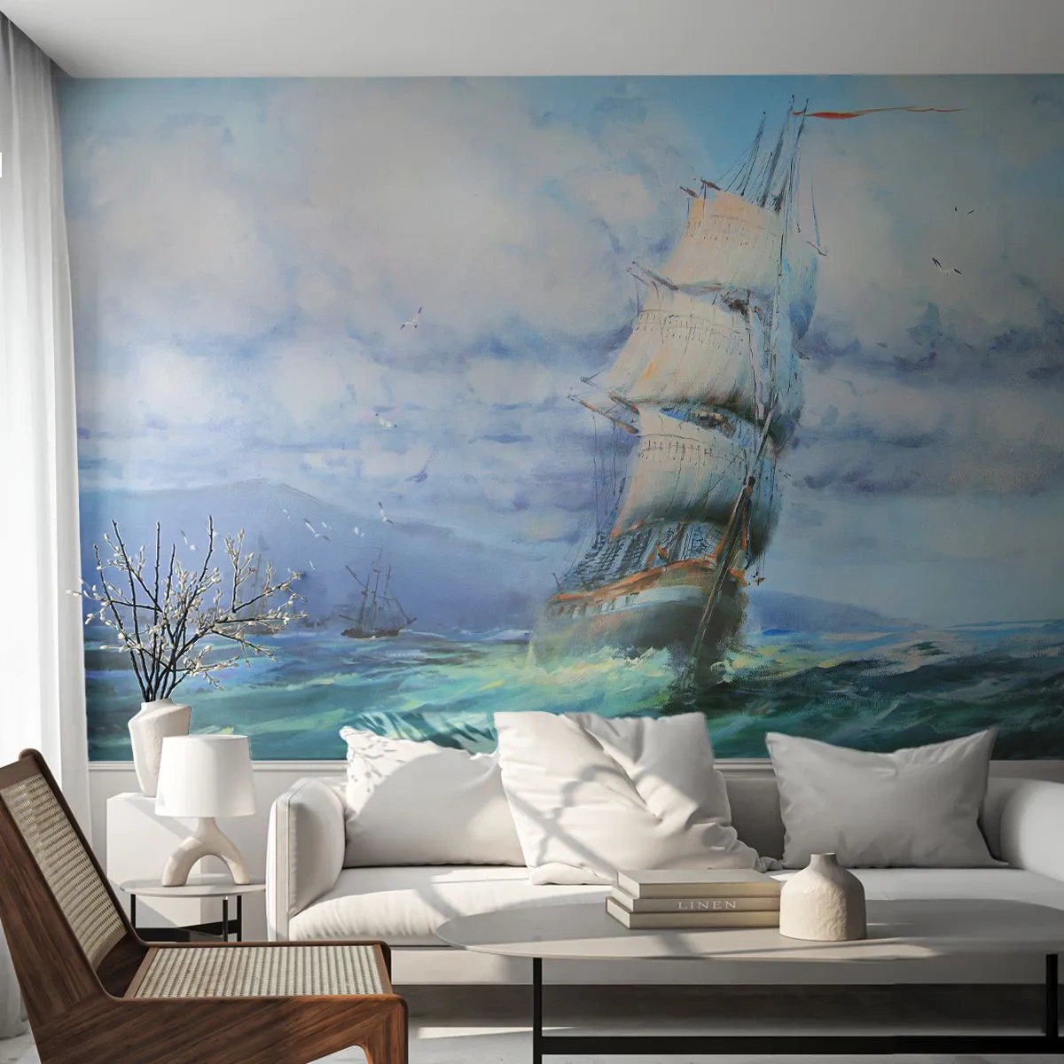 Papier Peint Photo Premium Sand - Un voilier sur une mer agitée parmi les nuages - 100x70cm - Vents favorables - Décoration murale moderne pour le salon et la chambre ARTTOR