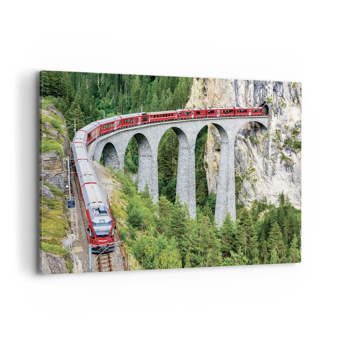 Impression sur toile - Image sur toile - Un train sur un viaduc pittoresque dans un paysage montagneux - 100x70cm - Chemin de fer avec vue sur la montagne - Décoration murale moderne pour le salon et la chambre ARTTOR