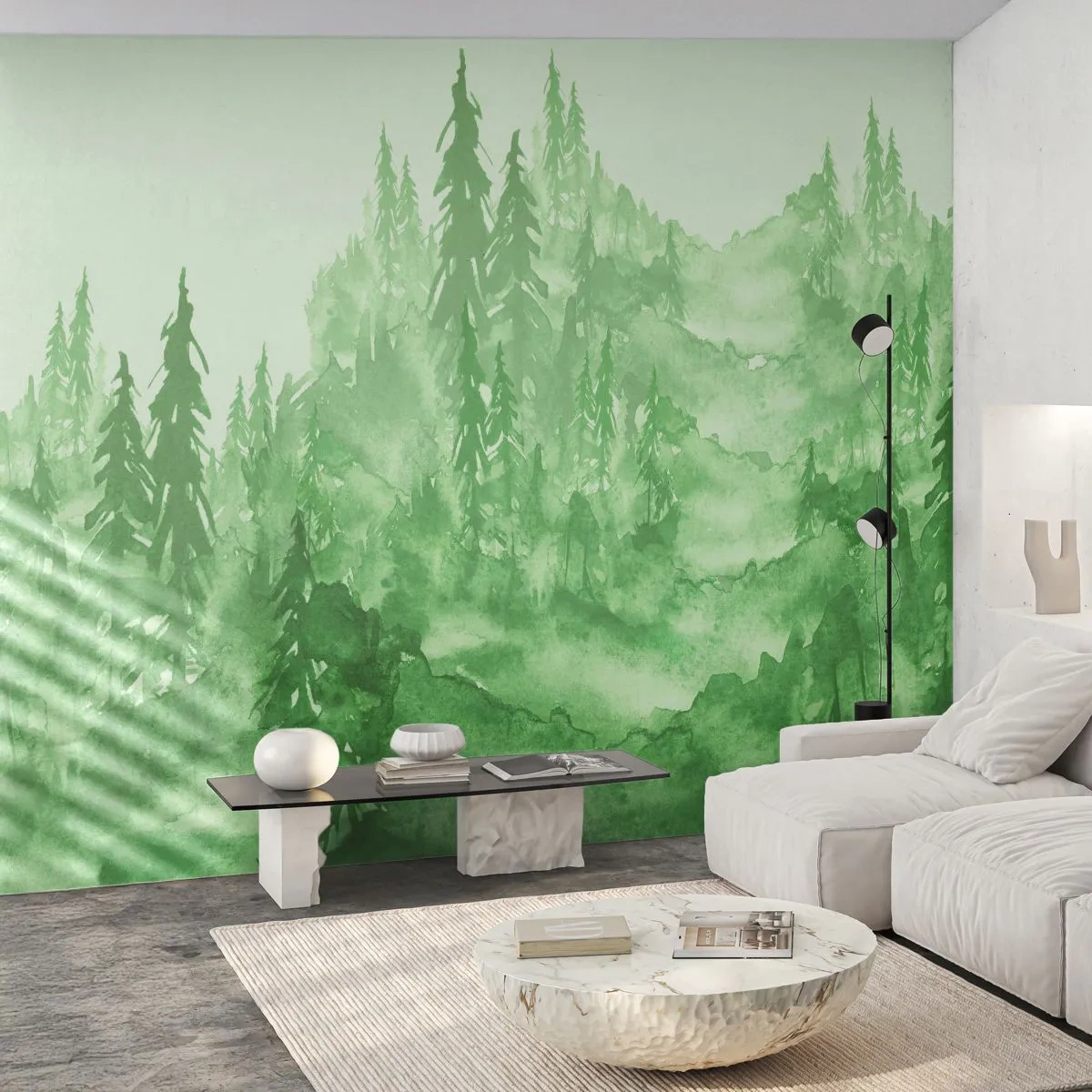 Papier Peint Photo Premium Sand - Brouillard forestier à l'aquarelle dans des tons de vert - 100x70cm - Flou de brouillard vert - Décoration murale moderne pour le salon et la chambre ARTTOR
