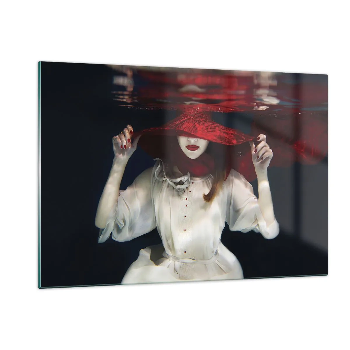 Impression sur verre - Image sur verre - Femme au chapeau rouge sous l'eau - 120x80cm - Femme mystérieuse - Décoration murale moderne pour le salon et la chambre ARTTOR