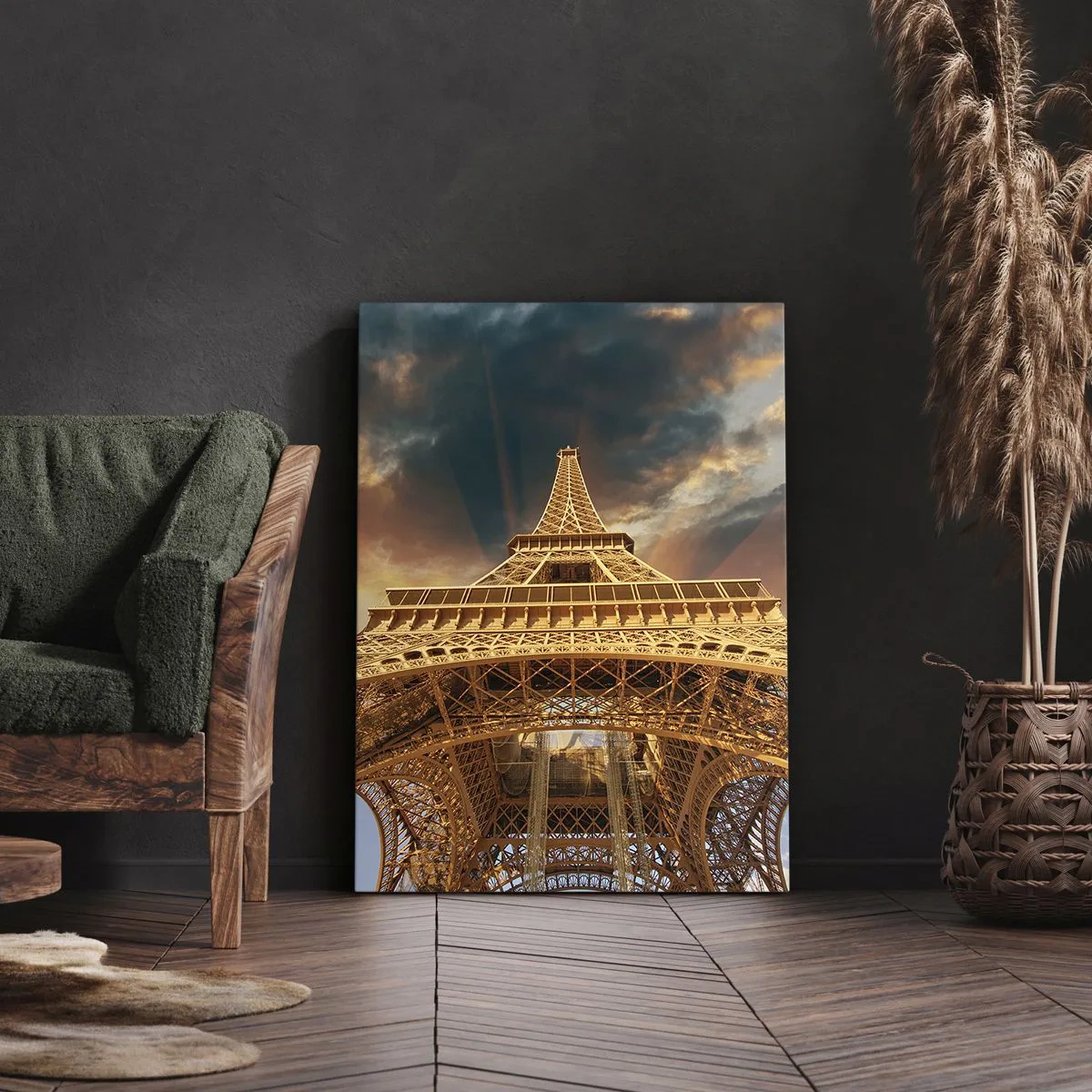Impression sur toile - Image sur toile - La Tour Eiffel vue d'en bas sur fond de soleil couchant - 70x100cm - Comment l'humanité a atteint le ciel - Décoration murale moderne pour le salon et la chambre ARTTOR