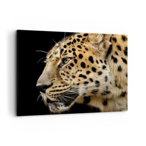 Impression sur toile - Image sur toile - Gros plan d'une tête de léopard sur fond noir - 100x70cm - Calme, concentré, prêt - Décoration murale moderne pour le salon et la chambre ARTTOR