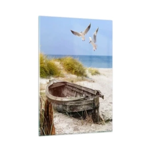 Impression sur verre - Image sur verre - Bateau abandonné sur une plage avec des mouettes - 80x120cm - Bain de vent - Décoration murale moderne pour le salon et la chambre ARTTOR