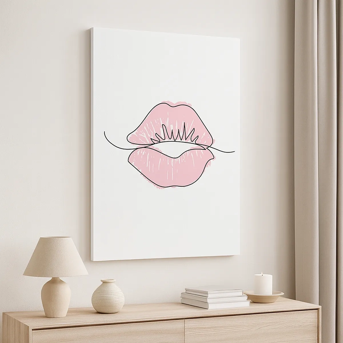 Impression sur toile - Image sur toile - Dessin minimaliste des lèvres dans une teinte rose - 50x70cm - Prêt à l'embrassade? - Décoration murale moderne pour le salon et la chambre ARTTOR