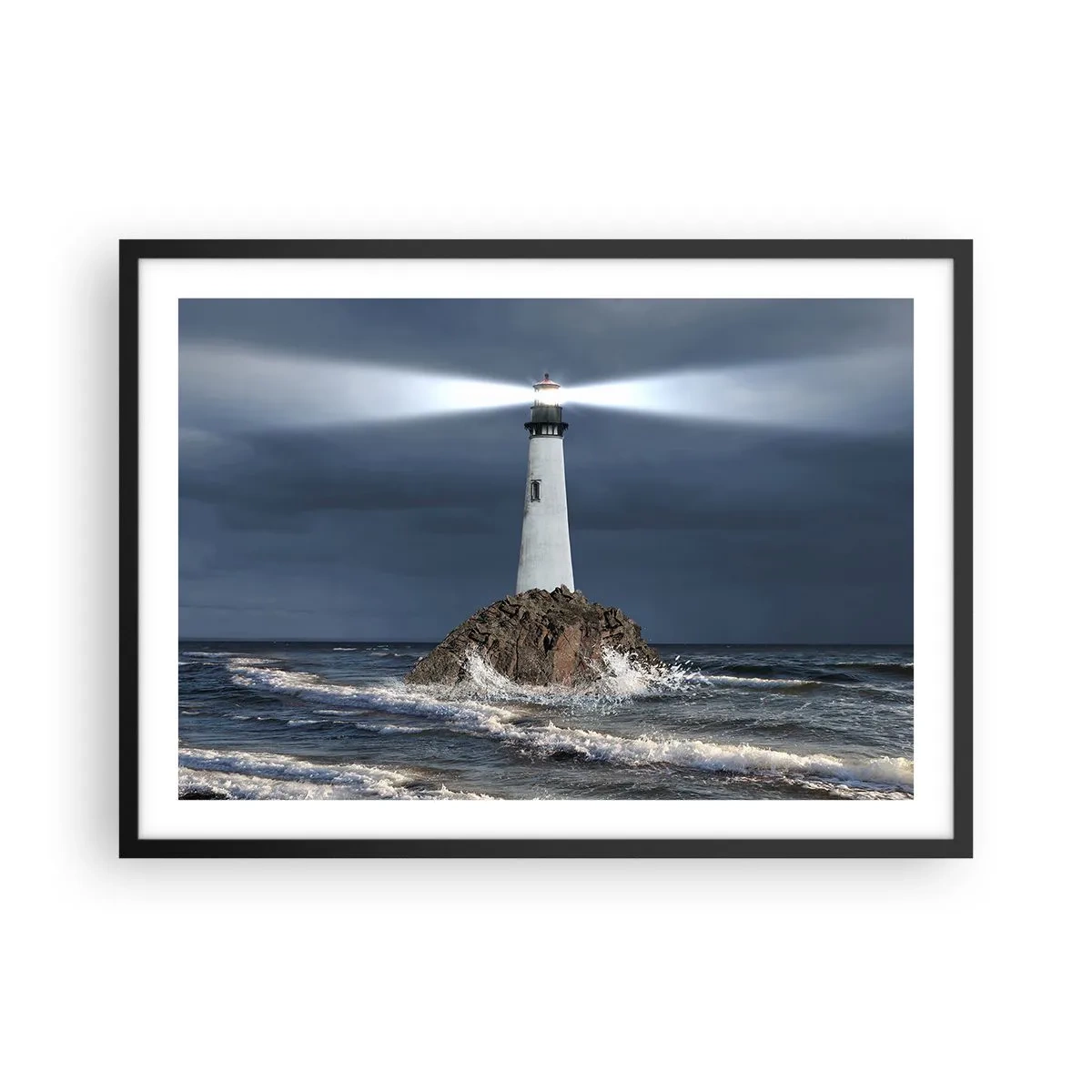 Affiche dans un cadre noir - Poster - Un phare sur un rocher entouré d'une mer agitée - 70x50cm - I… i… ici ! - Décoration murale moderne pour le salon et la chambre ARTTOR