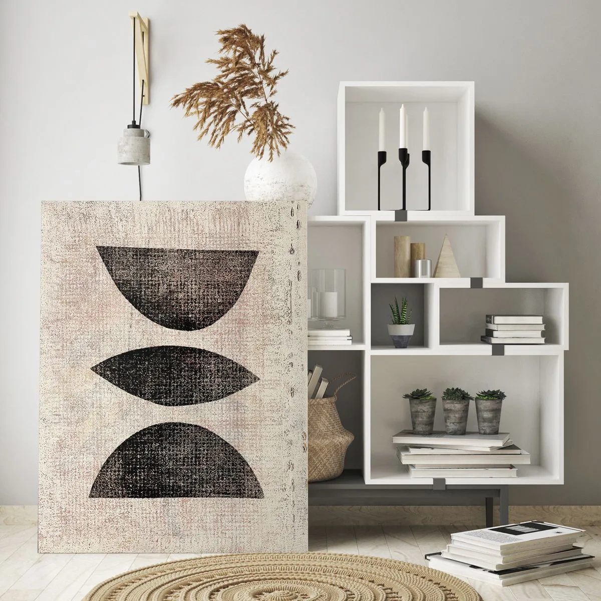 Impression sur verre - Image sur verre - Formes géométriques noires sur fond beige - 50x70cm - Abstraction ethnique - Décoration murale moderne pour le salon et la chambre ARTTOR