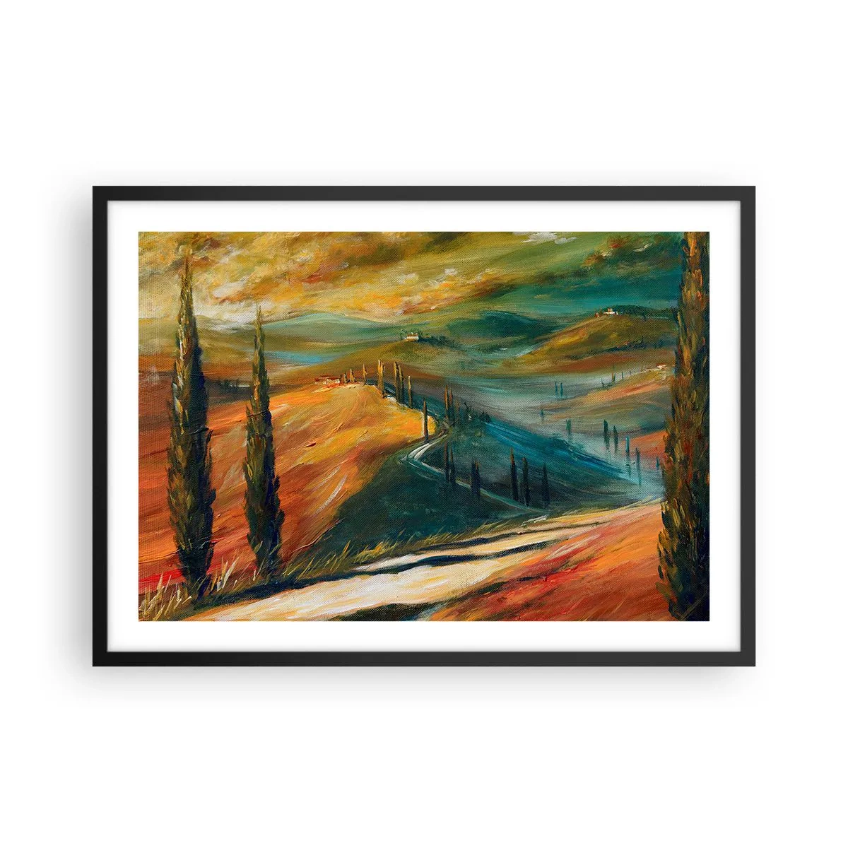 Affiche dans un cadre noir - Poster - Paysage toscan avec champs, route et cyprès - 70x50cm - paysage toscan - Décoration murale moderne pour le salon et la chambre ARTTOR