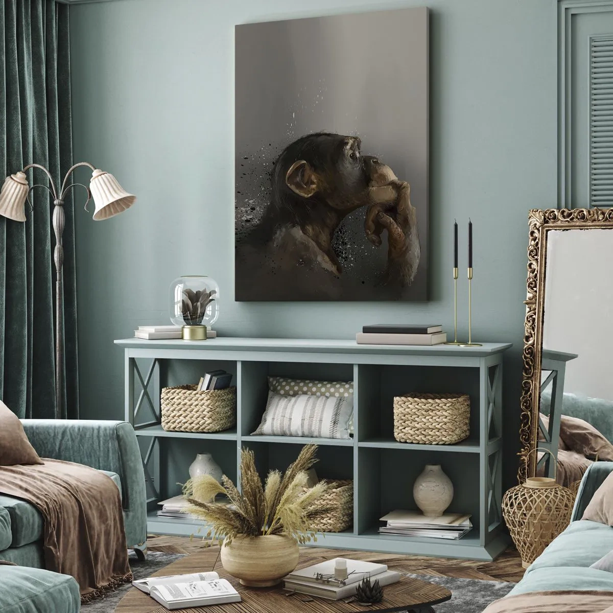 Impression sur toile - Image sur toile - Portrait d'un singe dans une pose réfléchissante sur fond gris - 80x120cm - Certainement un penseur - Décoration murale moderne pour le salon et la chambre ARTTOR