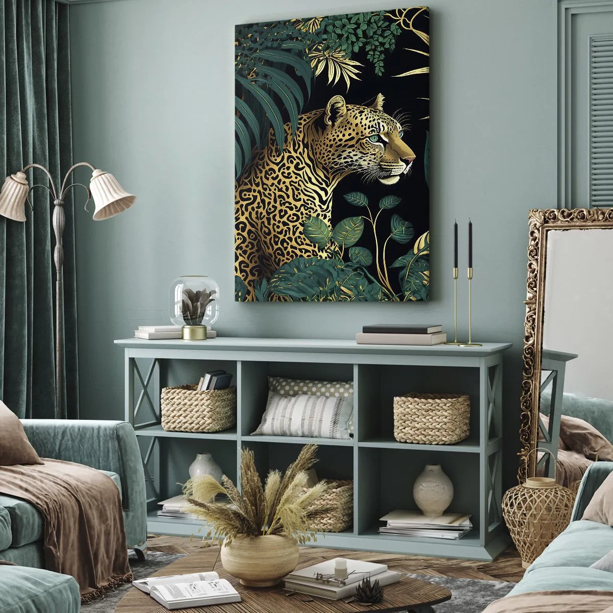Impression sur toile - Image sur toile - Léopard dans des feuilles tropicales sur fond noir - 70x100cm - Un hôte dans la jungle - Décoration murale moderne pour le salon et la chambre ARTTOR