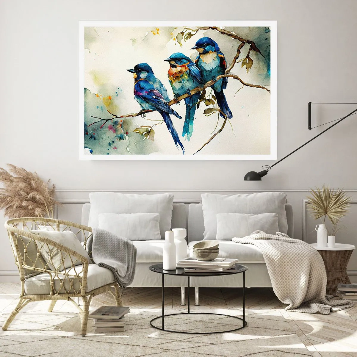 Affiche - Poster - Trois oiseaux colorés sur une branche dans un style aquarelle - 100x70cm - A-t-il été offensé ? - Décoration murale moderne pour le salon et la chambre ARTTOR