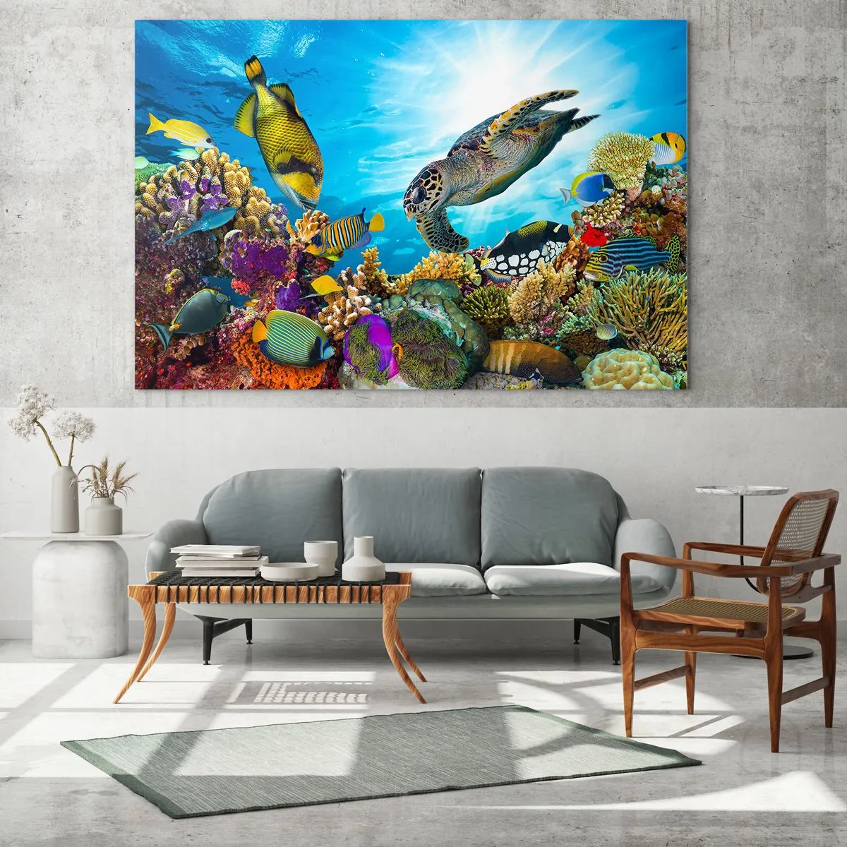 Impression sur verre - Image sur verre - Scène sous-marine avec tortue, poissons et coraux - 100x70cm - Promenade de corail - Décoration murale moderne pour le salon et la chambre ARTTOR