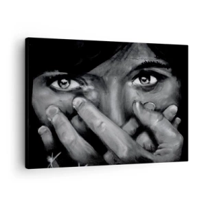 Impression sur toile - Image sur toile - Portrait en noir et blanc d'une femme se couvrant le visage avec ses mains. - 70x50cm - Je ne dirai pas qui a peint - Décoration murale moderne pour le salon et la chambre ARTTOR