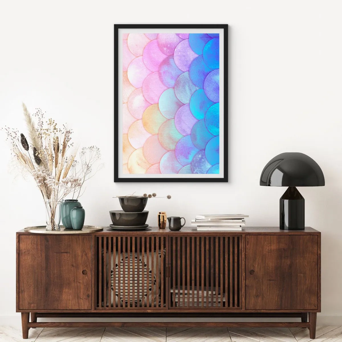 Affiche dans un cadre noir - Poster - Une composition pastel ressemblant à des écailles aux tons arc-en-ciel - 50x70cm - Écailles de perles - Décoration murale moderne pour le salon et la chambre ARTTOR