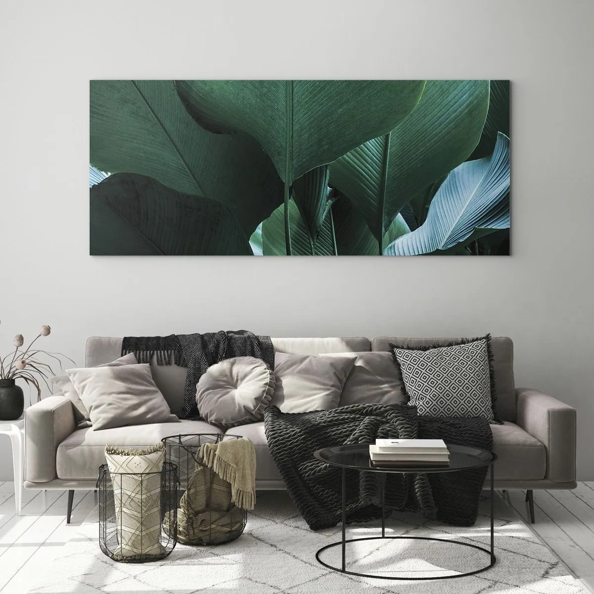 Impression sur verre - Image sur verre - Feuilles vertes dans une composition minimaliste - 120x50cm - Tourné vers la lumière - Décoration murale moderne pour le salon et la chambre ARTTOR