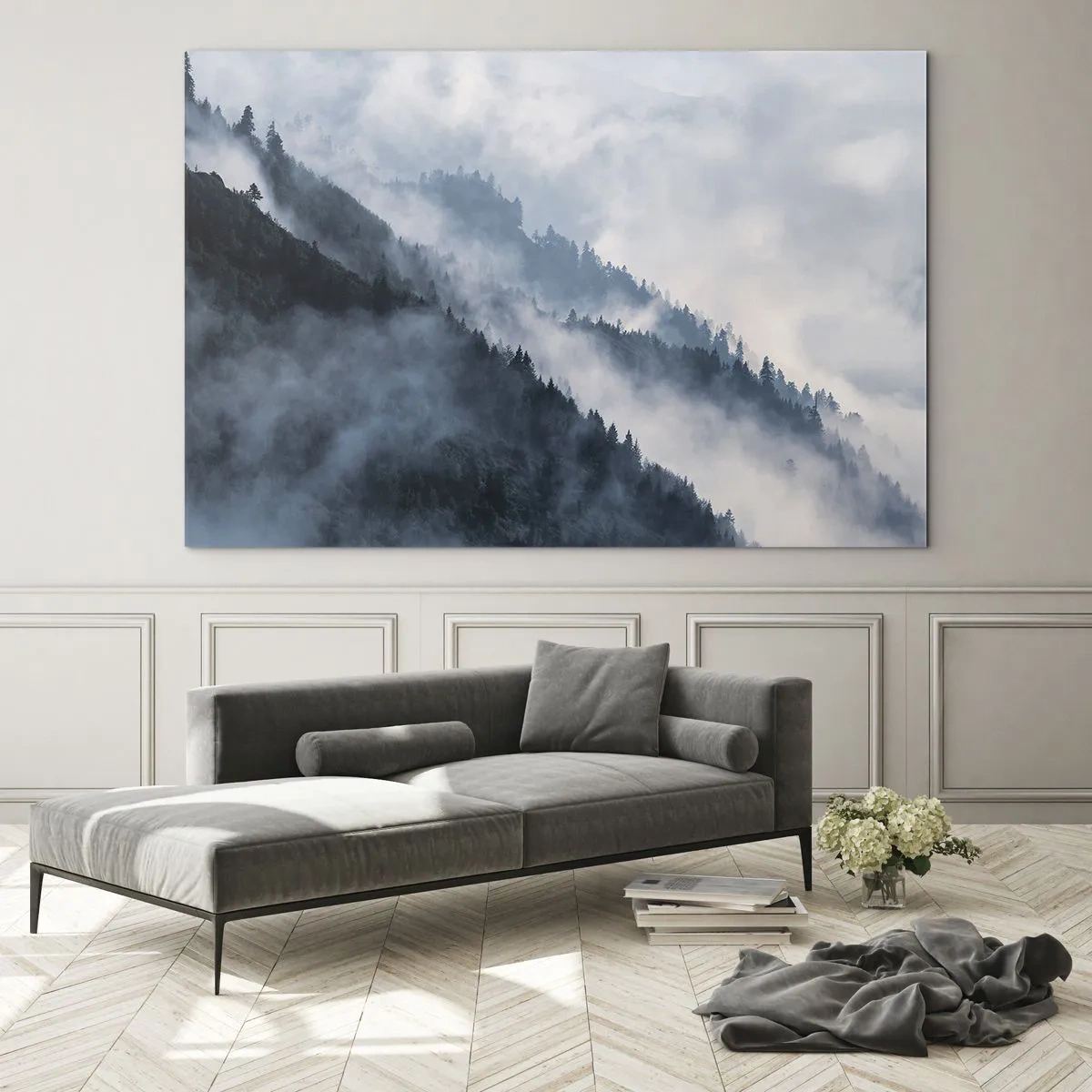 Impression sur verre - Image sur verre - Panorama de montagne brumeux avec une forêt sombre - 120x80cm - Mysticisme des montagnes - Décoration murale moderne pour le salon et la chambre ARTTOR