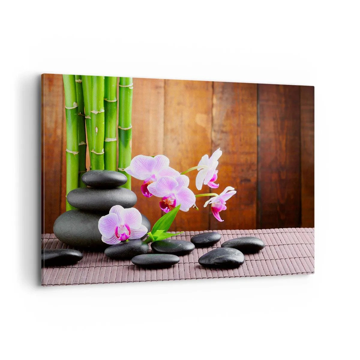 Impression sur toile - Image sur toile - Bambou de style zen, pierres et orchidées roses sur fond de bois - 100x70cm - Rencontrez les plaisirs de l'est - Décoration murale moderne pour le salon et la chambre ARTTOR