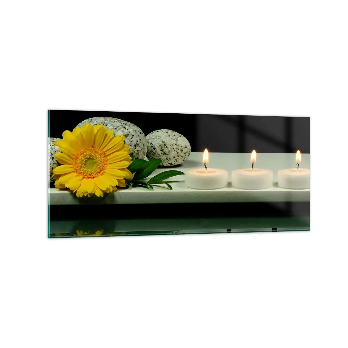 Impression sur verre - Image sur verre - Fleur jaune, bougies et pierres sur fond d'eau - 120x50cm - Apaisement des sens - Décoration murale moderne pour le salon et la chambre ARTTOR