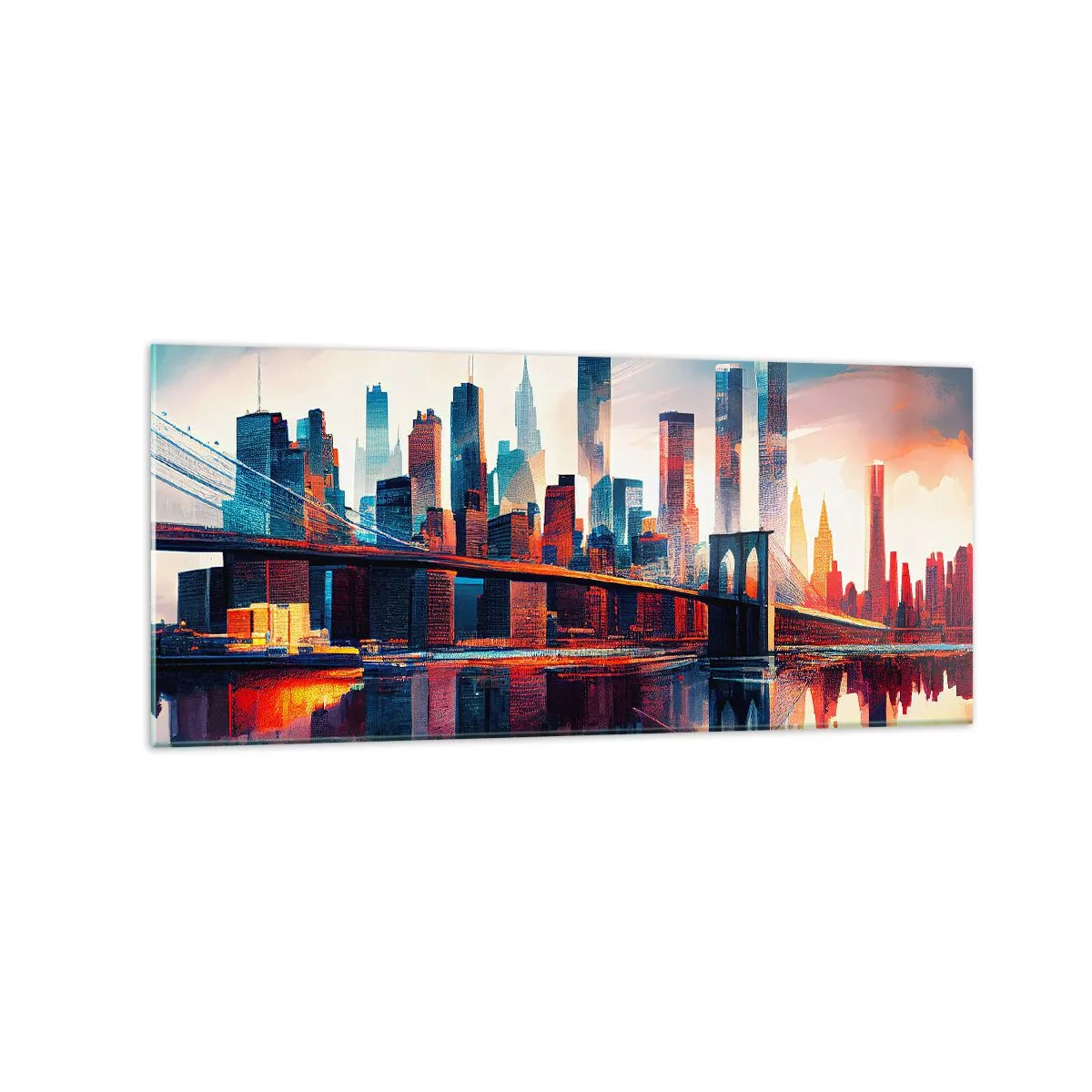 Impression sur verre - Image sur verre - Panorama de la ville de New York avec pont et reflet dans l'eau - 120x50cm - New York onirique - Décoration murale moderne pour le salon et la chambre ARTTOR
