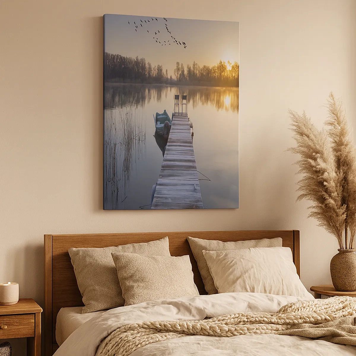 Impression sur toile - Image sur toile - Une jetée au bord du lac le matin avec un bateau et des chaises - 50x70cm - Je reviendrai - Décoration murale moderne pour le salon et la chambre ARTTOR