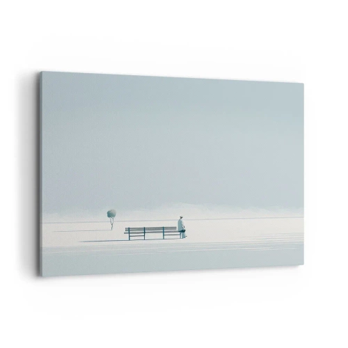 Impression sur toile - Image sur toile - Une personne assise sur un banc dans un paysage minimaliste - 120x80cm - Oui, j'attends. - Décoration murale moderne pour le salon et la chambre ARTTOR