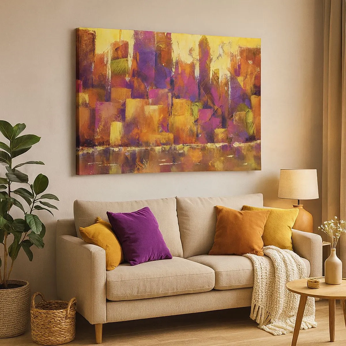 Impression sur toile - Image sur toile - Composition abstraite d'une métropole dans les tons jaune et violet - 70x50cm - Composition métropolitaine - Décoration murale moderne pour le salon et la chambre ARTTOR