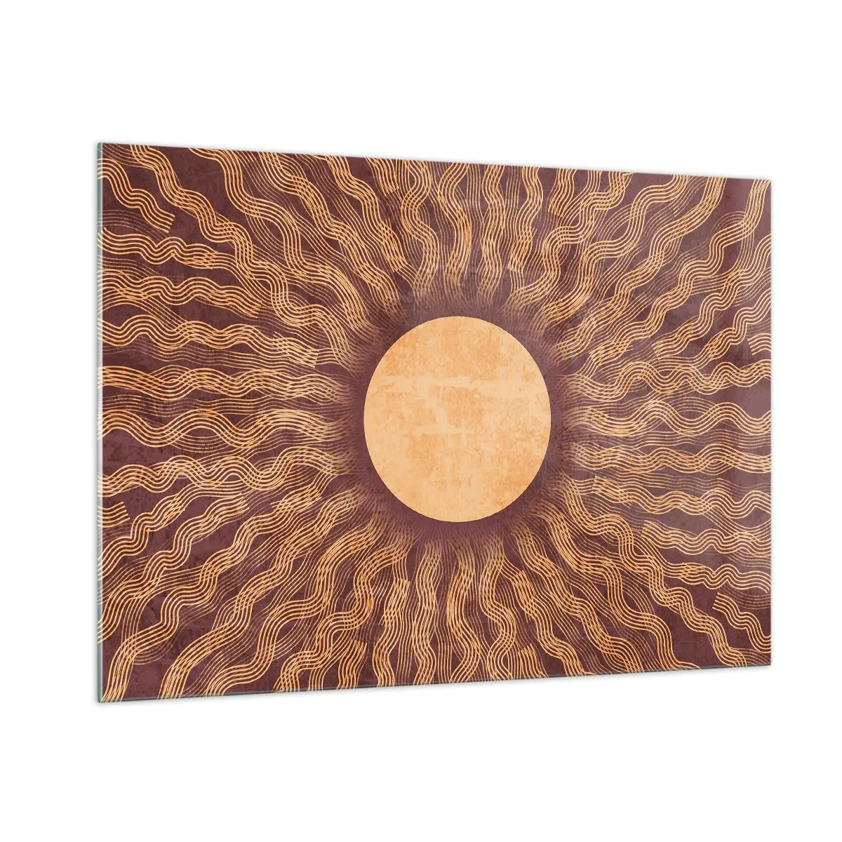 Impression sur verre - Image sur verre - Un soleil stylisé avec des rayons en forme de lignes ondulées sur un fond marron. - 100x70cm - Icône du soleil - Décoration murale moderne pour le salon et la chambre ARTTOR