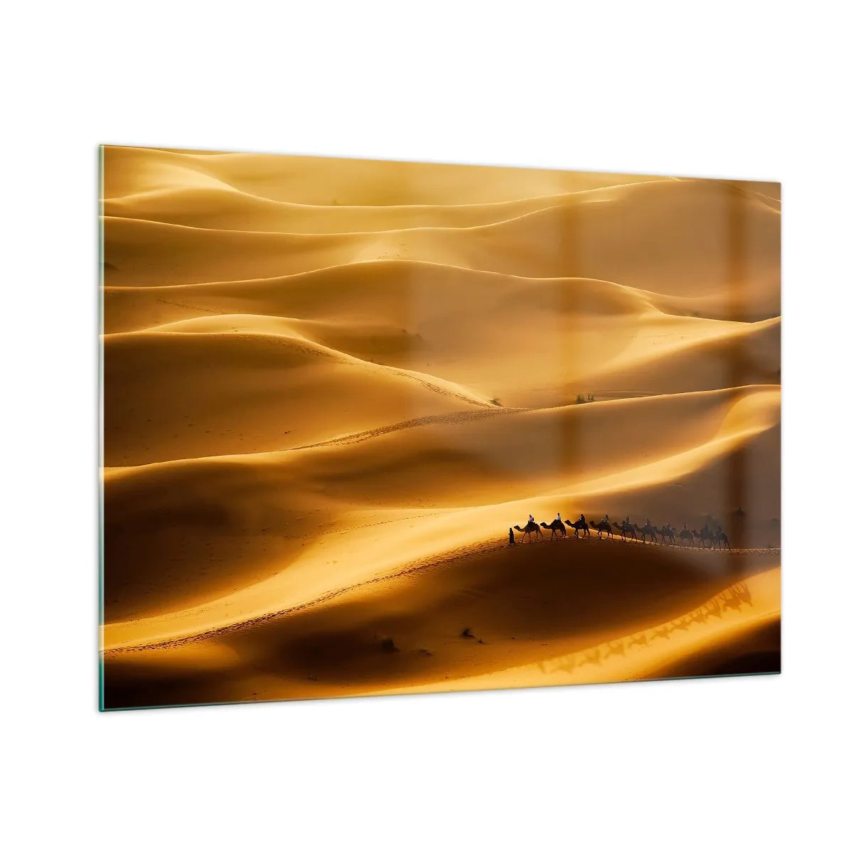 Impression sur verre - Image sur verre - Une caravane dans le désert au soleil - 100x70cm - Caravane sur les vagues du désert - Décoration murale moderne pour le salon et la chambre ARTTOR