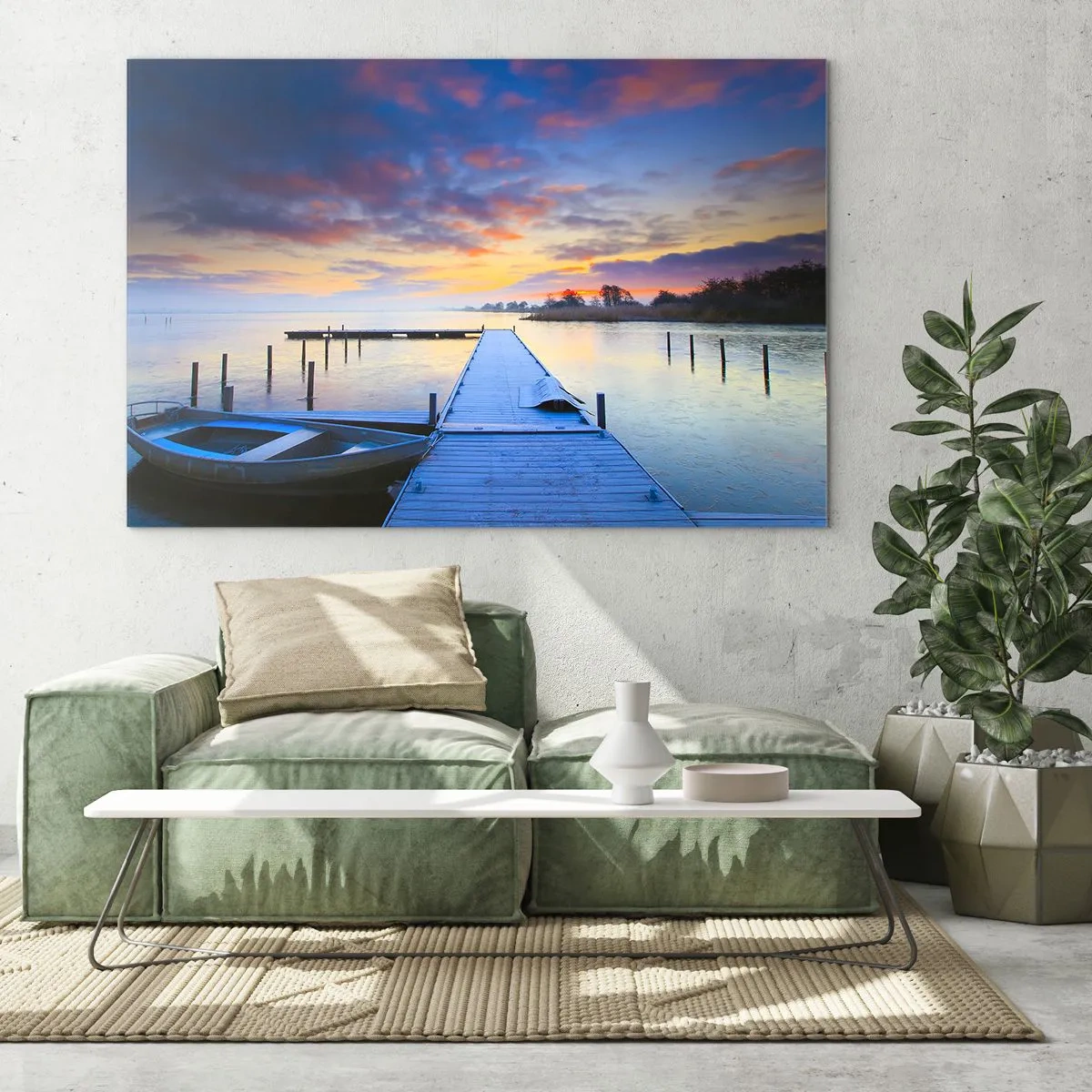 Impression sur verre - Image sur verre - Une jetée sur le lac à l'aube entourée d'une nature paisible - 70x50cm - Calme violet-doré - Décoration murale moderne pour le salon et la chambre ARTTOR