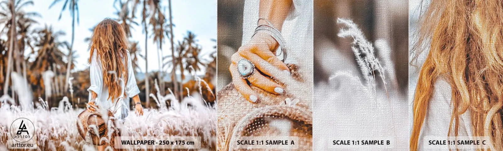 Échantillon de Papier Peint Premium Canvas - Né de peluches d'herbe - Femme, Ancien, Bohème - 100x30 cm