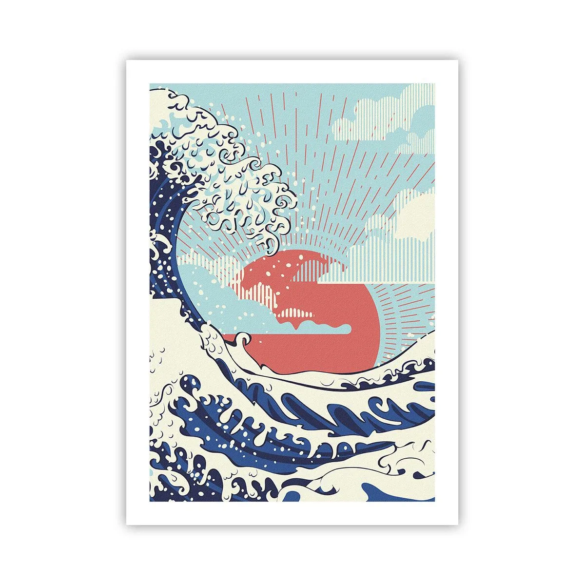 Affiche - Poster - Vague graphique d'inspiration japonaise avec un soleil rouge - 50x70cm - D'une inspiration japonnaise - Décoration murale moderne pour le salon et la chambre ARTTOR