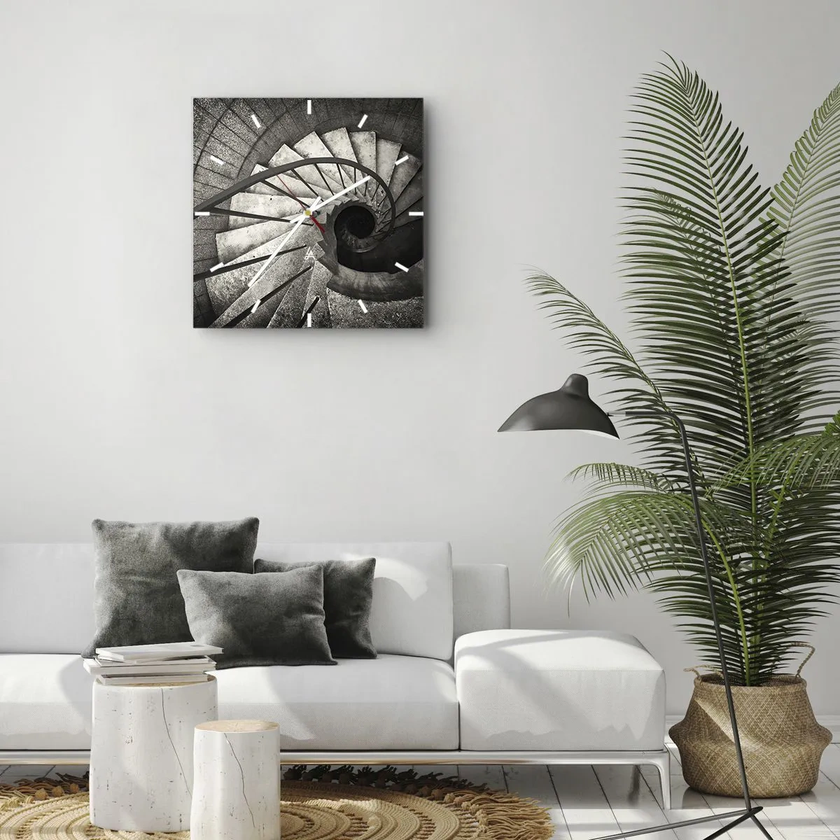 Horloge murale - Pendule murale - Escalier en colimaçon noir et blanc de style moderne - 30x30cm - En haut des escaliers, en bas des escaliers - Décoration murale moderne pour le salon et la chambre ARTTOR