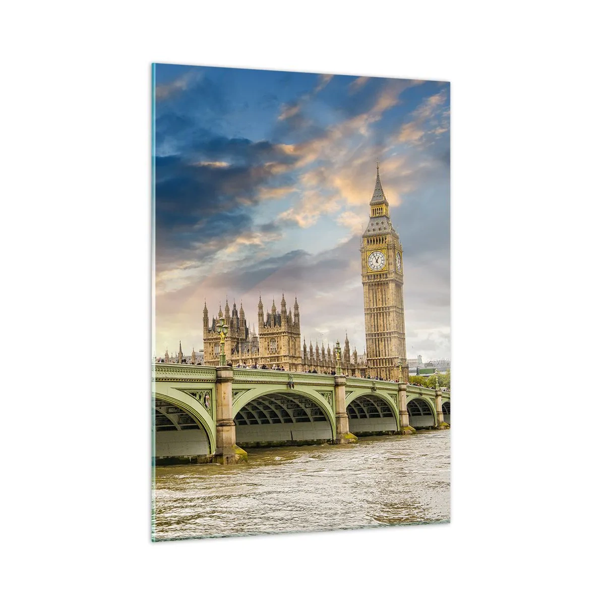 Impression sur verre - Image sur verre - Big Ben et le pont de Westminster au coucher du soleil - 50x70cm - Le temps s'est arrêté dans l'Empire - Décoration murale moderne pour le salon et la chambre ARTTOR