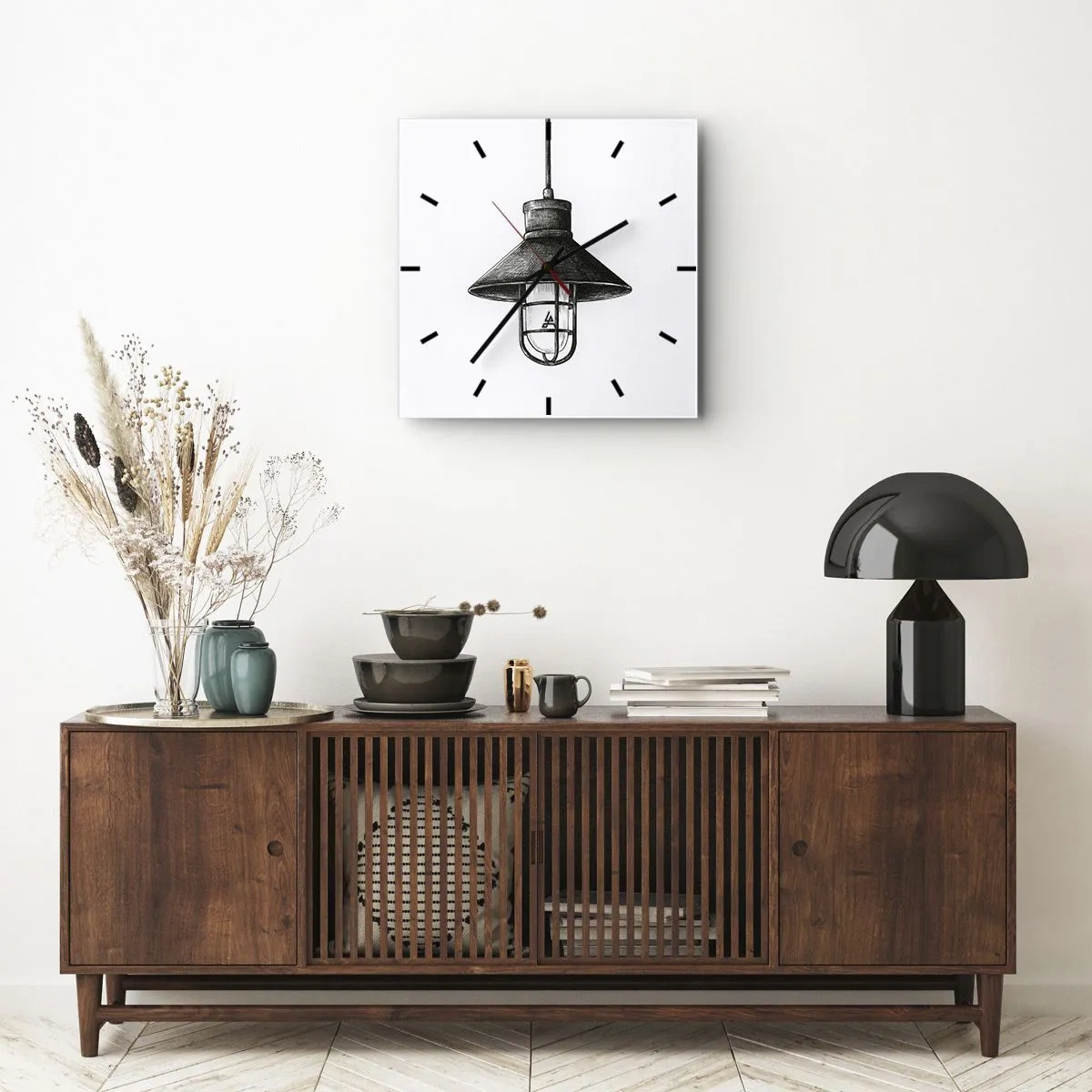 Horloge murale - Pendule murale - Dessin d'une lampe suspendue rétro sur fond blanc - 30x30cm - Comme il y a des années… - Décoration murale moderne pour le salon et la chambre ARTTOR