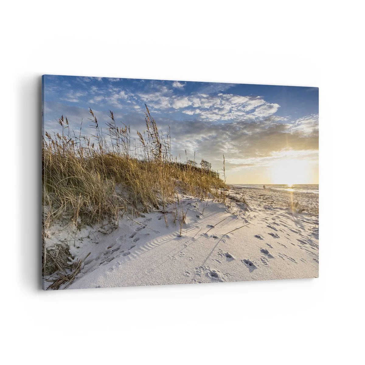 Impression sur toile - Image sur toile - Dunes avec de l'herbe et des empreintes de pas dans le sable au coucher du soleil - 100x70cm - Invitation à la ballade - Décoration murale moderne pour le salon et la chambre ARTTOR