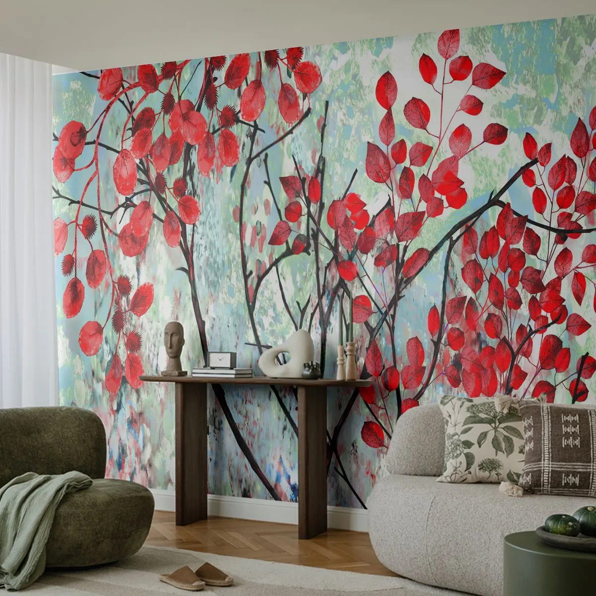 Papier Peint Photo Premium Sand - Branches abstraites avec des feuilles rouges sur fond clair - 100x70cm - Arbre en écarlate - Décoration murale moderne pour le salon et la chambre ARTTOR