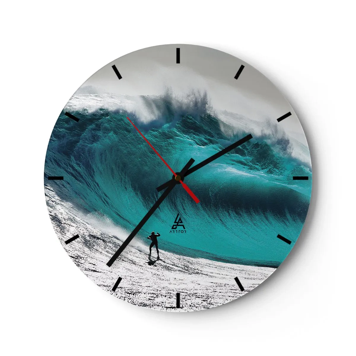 Horloge murale - Pendule murale - Un surfeur devant une vague turquoise géante - 30x30cm - Challenge accepté - Décoration murale moderne pour le salon, la cuisine et la chambre ARTTOR