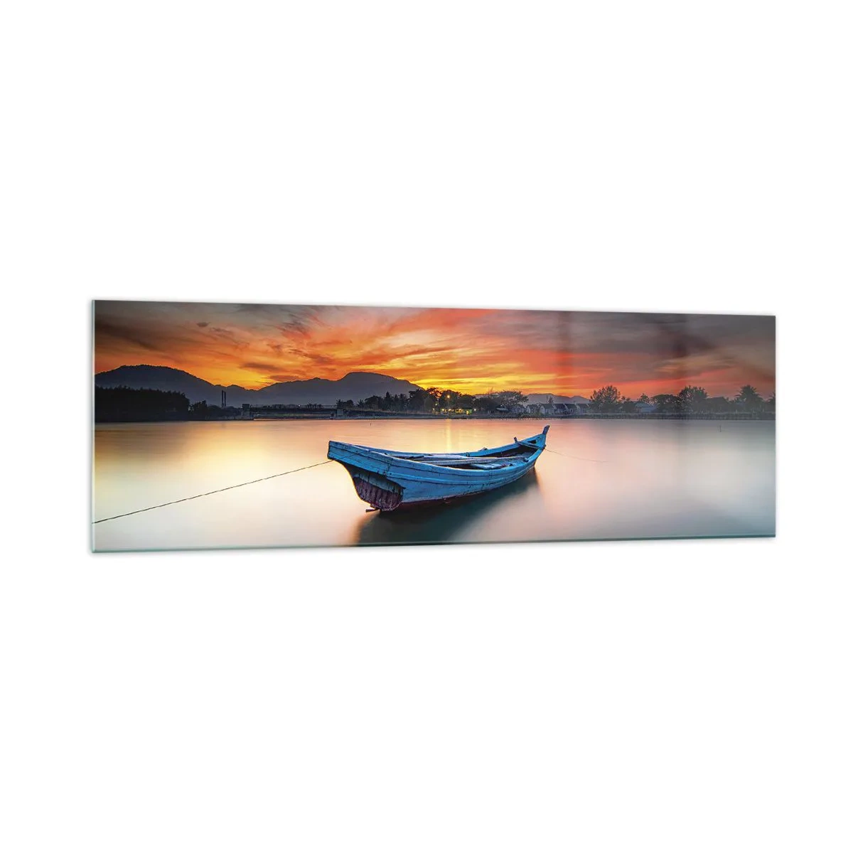 Impression sur verre - Image sur verre - Un bateau sur l'eau pendant un coucher de soleil pittoresque - 160x50cm - Une bonne nuit arrive - Décoration murale moderne pour le salon et la chambre ARTTOR
