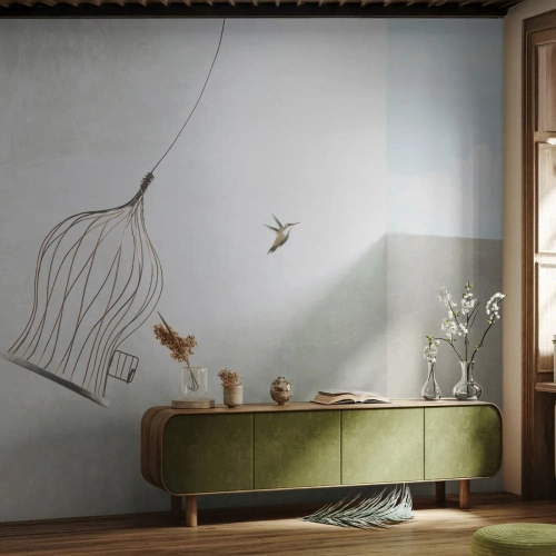 Papier peint sur mesure Premium Sand - Dans son élément - Abstraction, Oiseau, Cage à oiseaux