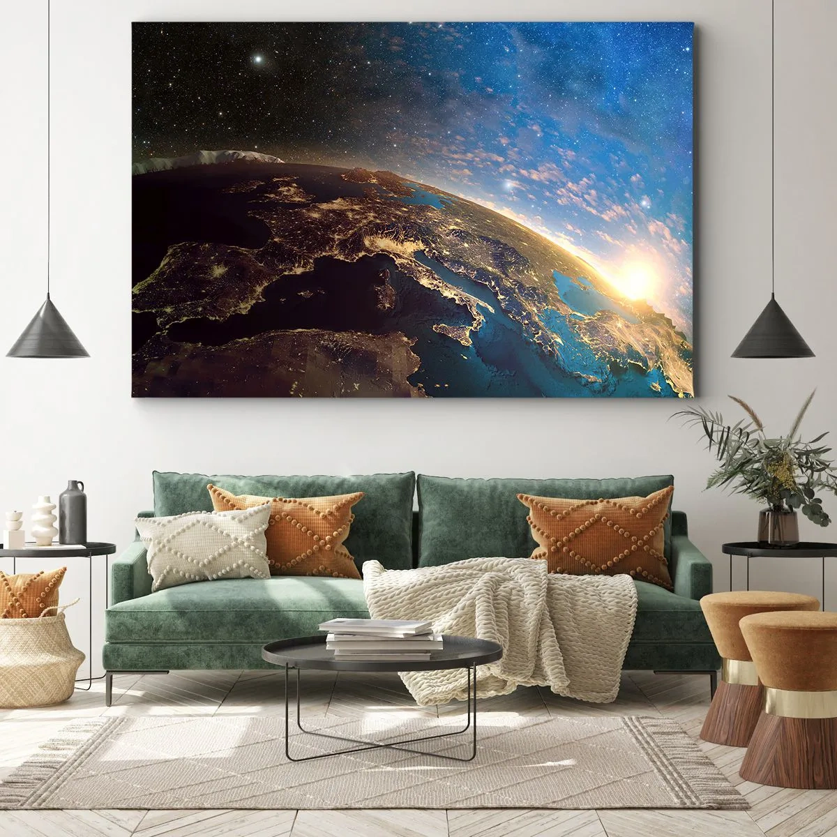Impression sur toile - Image sur toile - Vue de la Terre depuis l'espace au lever du soleil - 100x70cm - Regardons-nous de loin - Décoration murale moderne pour le salon et la chambre ARTTOR