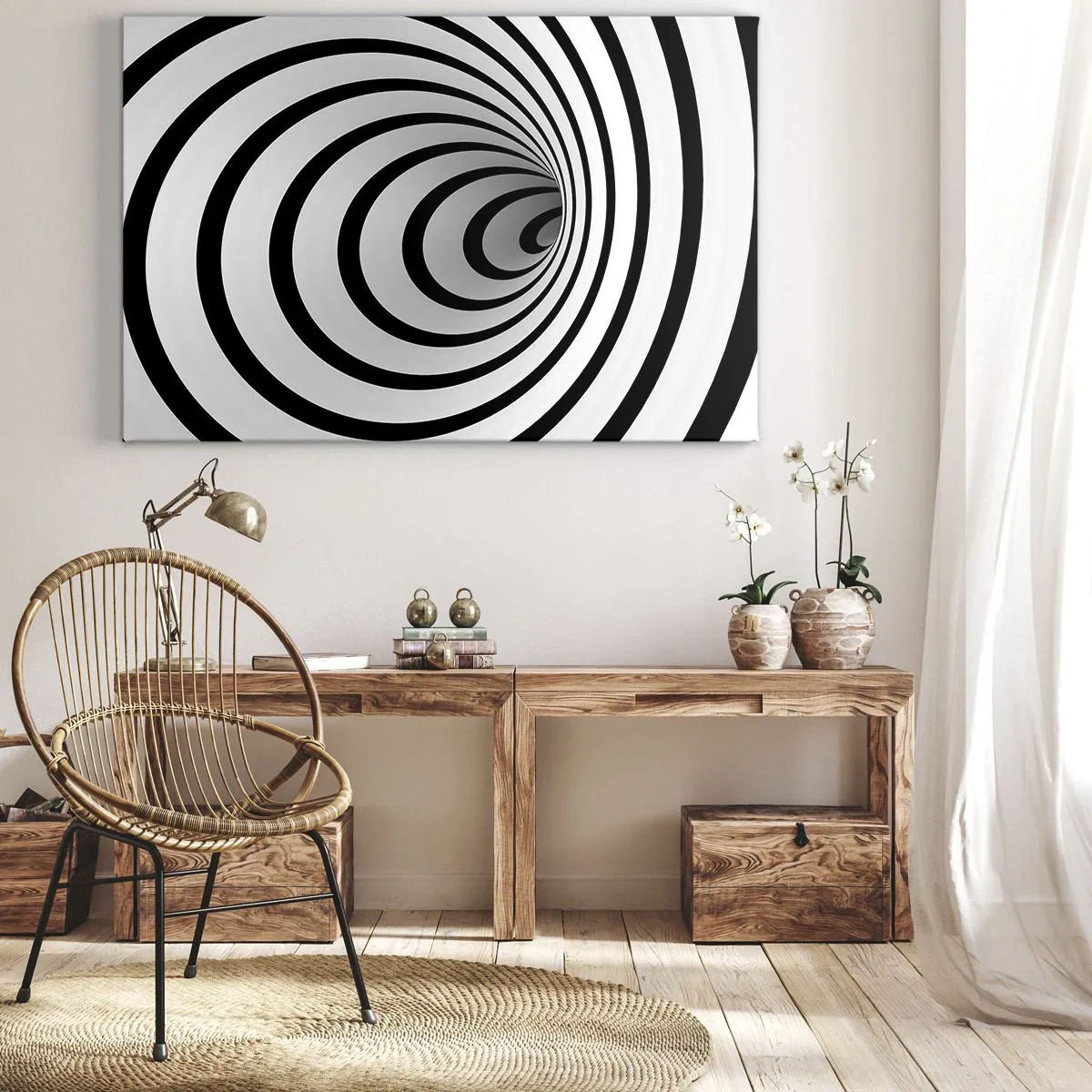 Impression sur toile - Image sur toile - Une spirale noire et blanche créant un effet hypnotique - 70x50cm - Tu ne peux pas y résister aussi ? - Décoration murale moderne pour le salon et la chambre ARTTOR